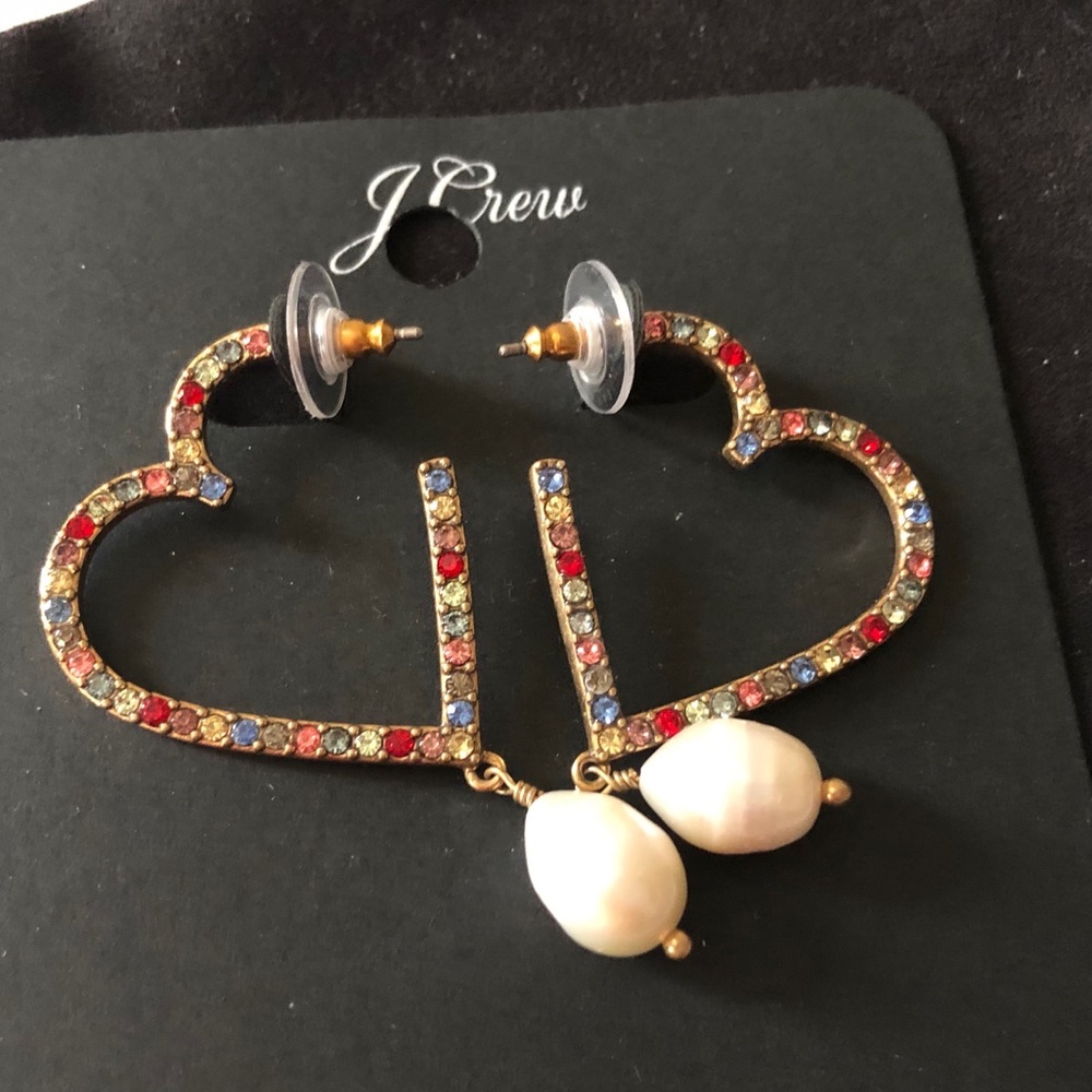 J Crew Pavé Heart Pearl Drop Earrings ~ NWT